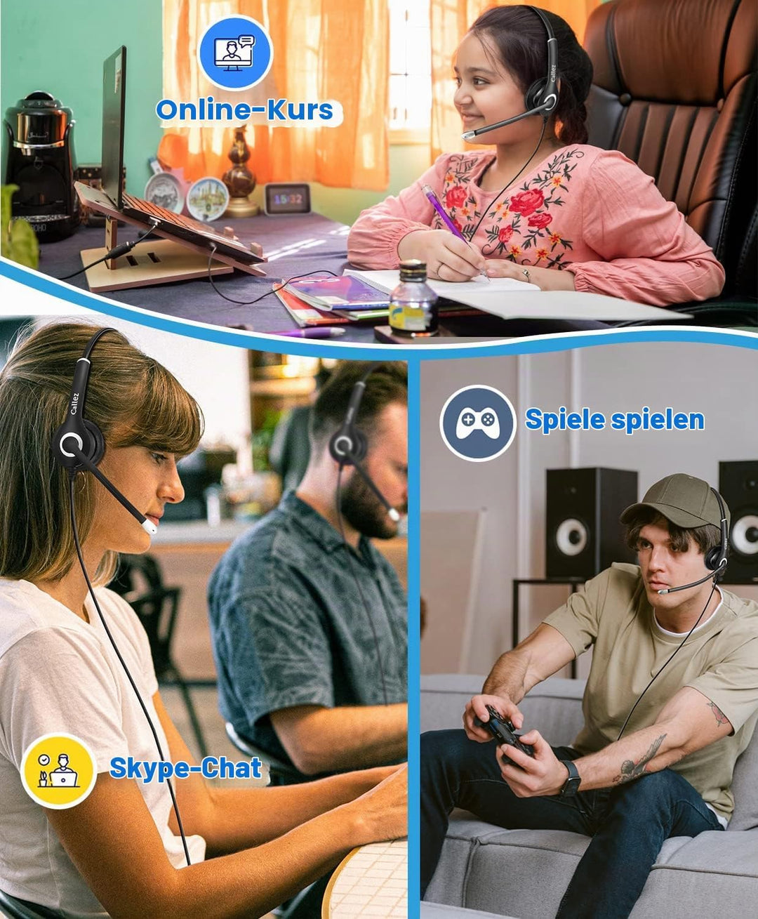 Callez Headset PC 3,5mm Klinke mit Mikrofon Noise Cancelling, On-Ear Stereo Kopfhörer Handy für Lapt