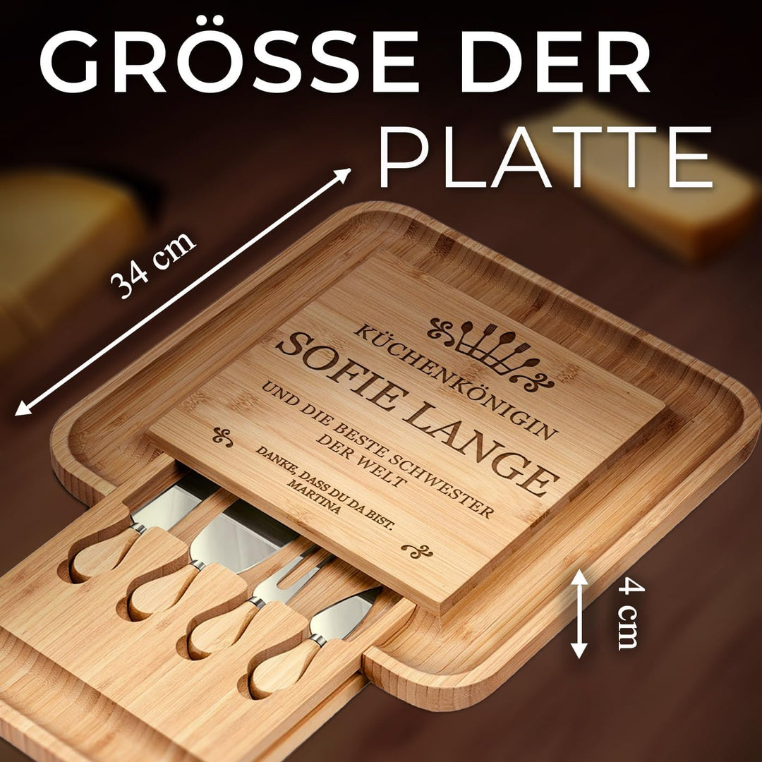Maverton Käsebrett Servierplatte mit Gravur + 4er Käsemesser Set, aus Holz Küchenkönigin, Küchenköni