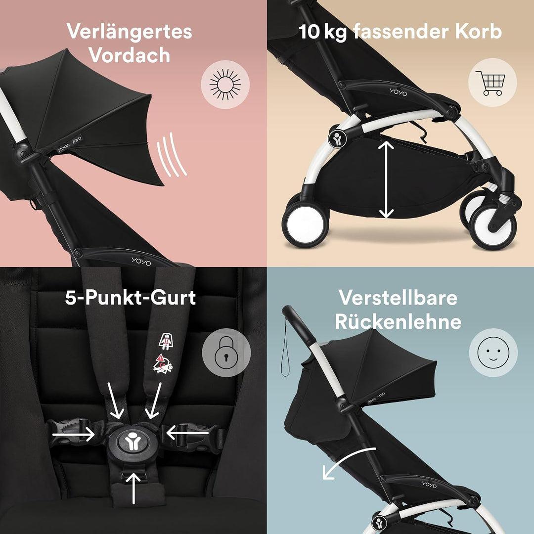 Stokke YOYO3 Kinderwagen ab 6 Monaten - Inklusive weissem Rahmen, Schwarzem Sitzkissen + Verdeck - B
