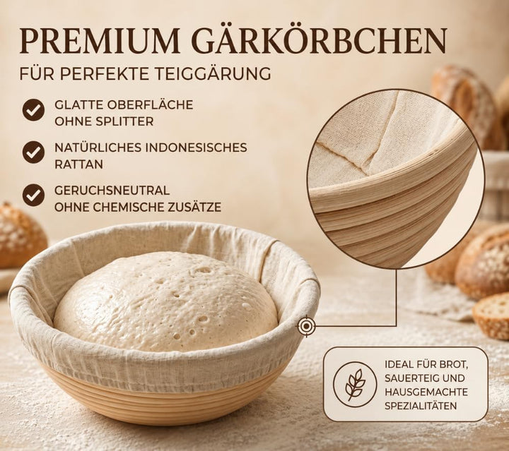 Sauerteig Starter Set 10-teilig – Gärkörbchen Gärkorb aus Rattan, 23cm Rund