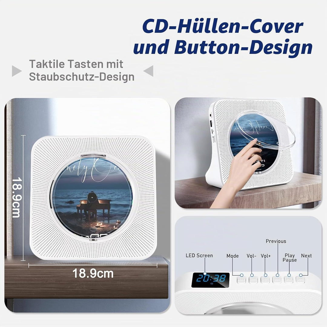 CD Player Tragbar, Bluetooth CD Player Klein Lautsprecher/USB-Lesegerät/FM Radio/Timer, LCD-Display,