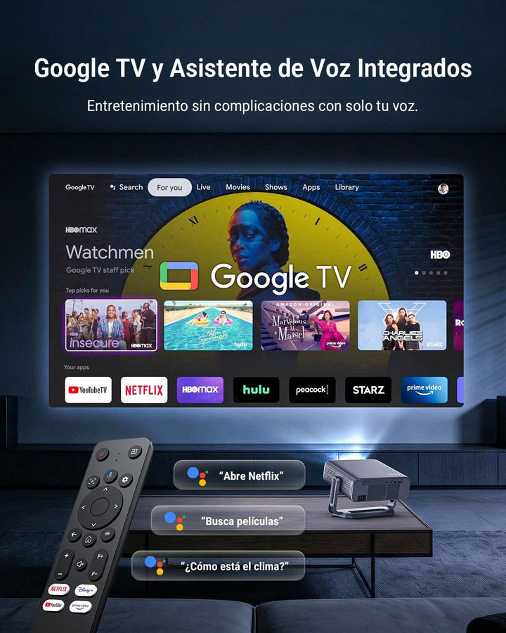 Smart Beamer [Google TV Stick ], 3000ANSI Projektor 4K Heimkino mit Netflix - Auto-Objektivabdeckung