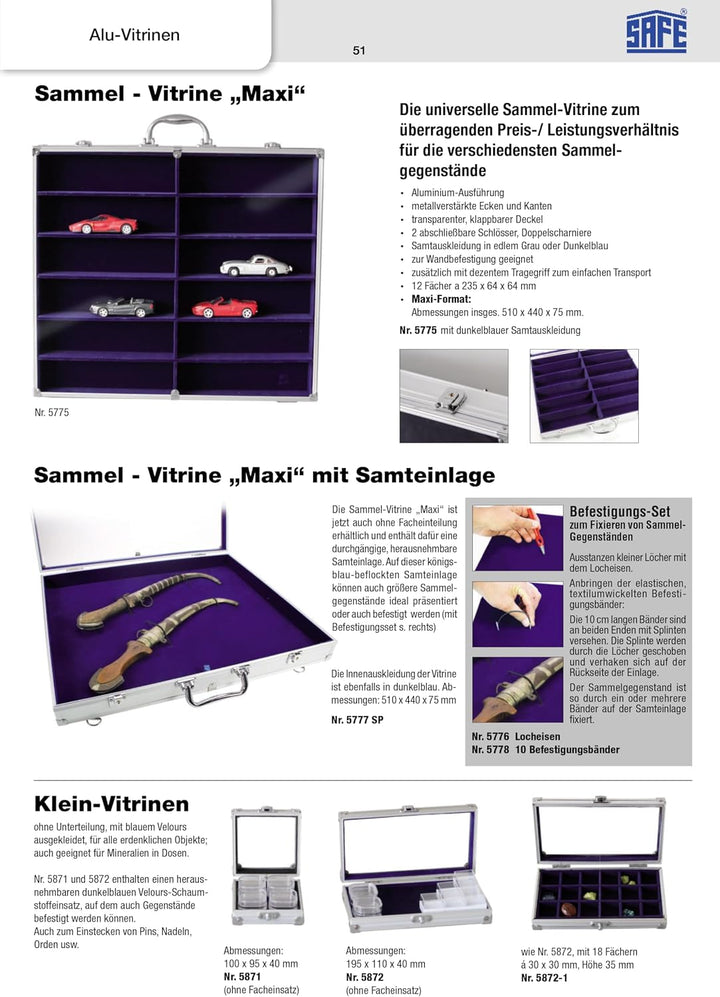 SAFE 5375 Alu Sammel Vitrine mit transparentem Deckel | Wandbefestigung | Setzkasten für Mineralien,