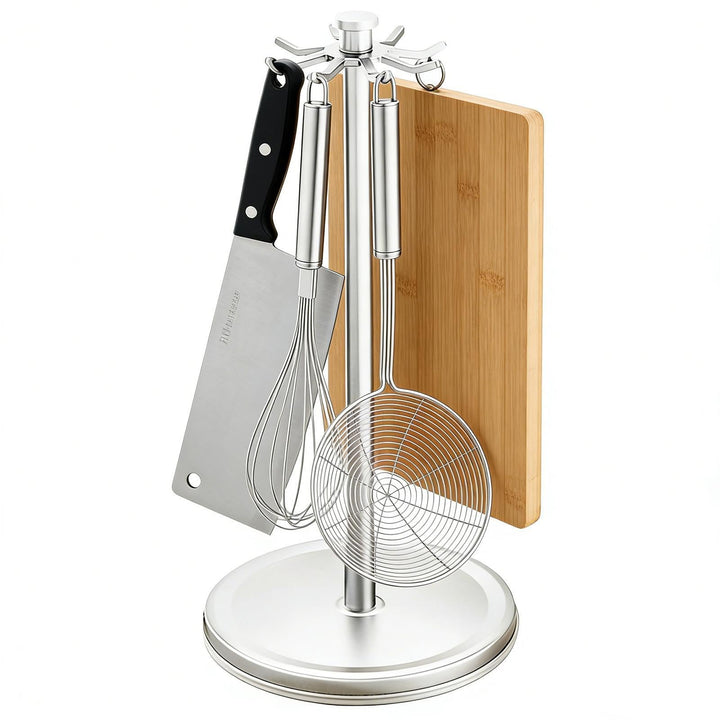 Rotating Utensil Holder, 8 Hook Organizer, 360 Degree Counter Rack with Compact Build, Kitchen Tool