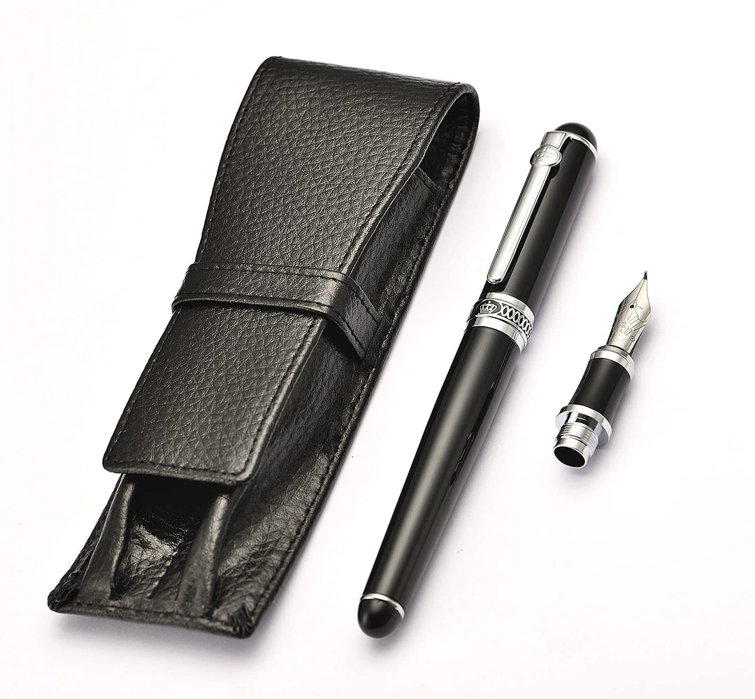 Lanxivi Duke Doppel-Füllfederhalter Fude gebogene Feder mit Leder Federetui Set Black pen with black
