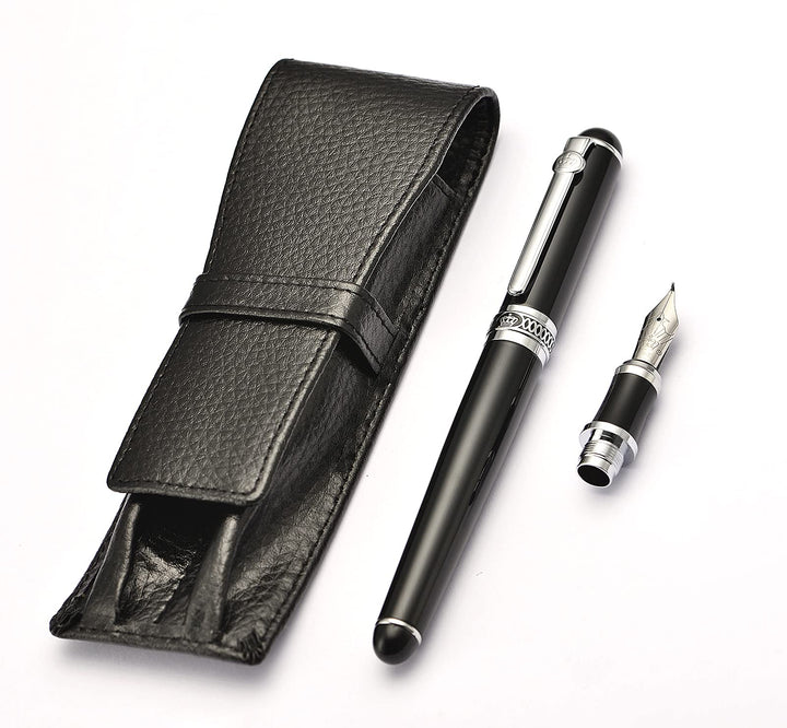 Lanxivi Duke Doppel-Füllfederhalter Fude gebogene Feder mit Leder Federetui Set Black pen with black