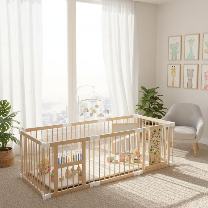 NAIZY Holz Laufstall Baby 8 Teile Laufgitter &amp; -Ställe mit 2 Spielcenter, Individuell Formbar Plaype