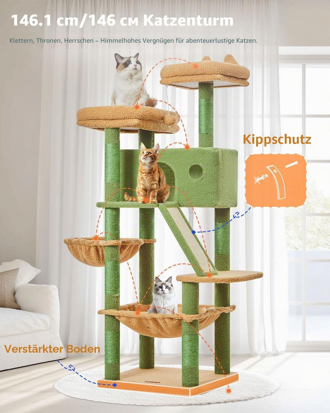 Taoqimiao 146CM Kratzbaum Gross, Katzenbaum Katzen Kratzbaum Grosse Katzen Stabil mit 2 Katzenhaus,
