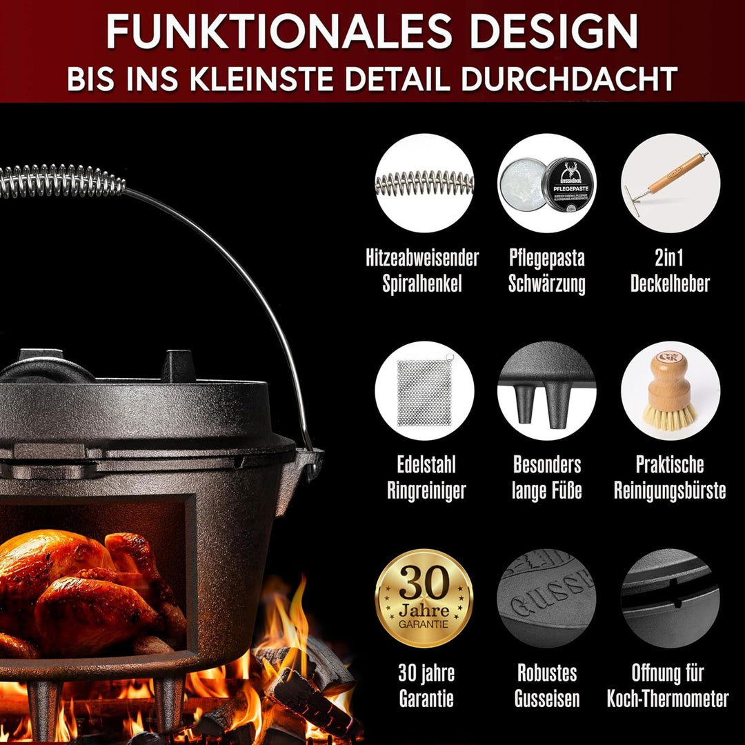 Dutch Oven Set–Eingebrannter Dutch Oven 4,5L [2–4 Person]–Feuertopf Gusseisen mit Füssen–Schmortopf