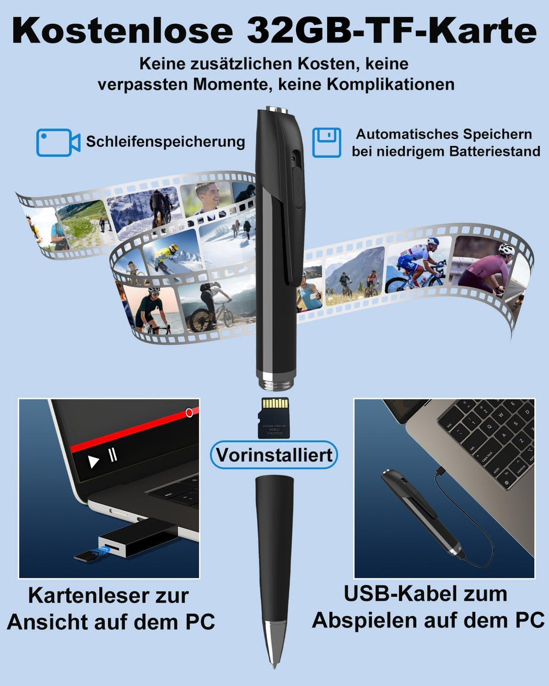 Bextgoo Mini Kamera, 1080P UHD 3-in-1 Mini Überwachungskamera, 32GB Speicherkarte, Tragbar Kugelschr