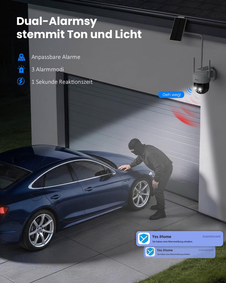 2K Überwachungskamera Aussen Solar, 360° PTZ WLAN Kamera Outdoor Kabellos mit abnehmbarem Solarpanel
