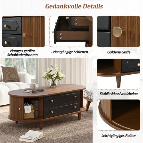 Merax Wohnzimmer Couchtisch – Walnussholz + Schwarz, 100 x 50 x 36 cm, 2 Rolltüren, 2 Schubladen, Be