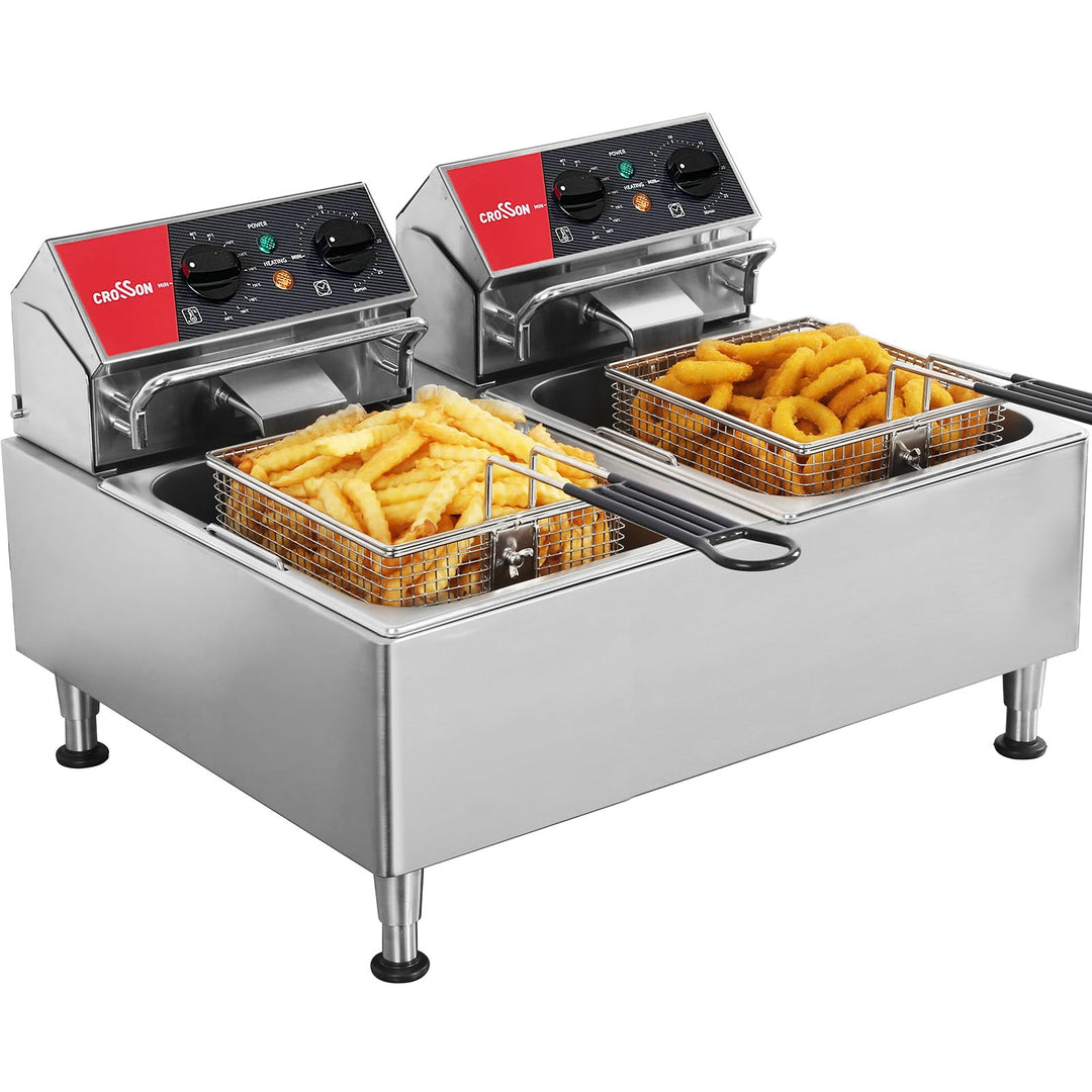 CROSSON 12L Elektrische Fritteuse mit doppeltem Tank und rotierendem Fritteusenkopf, 30-Minuten-Time