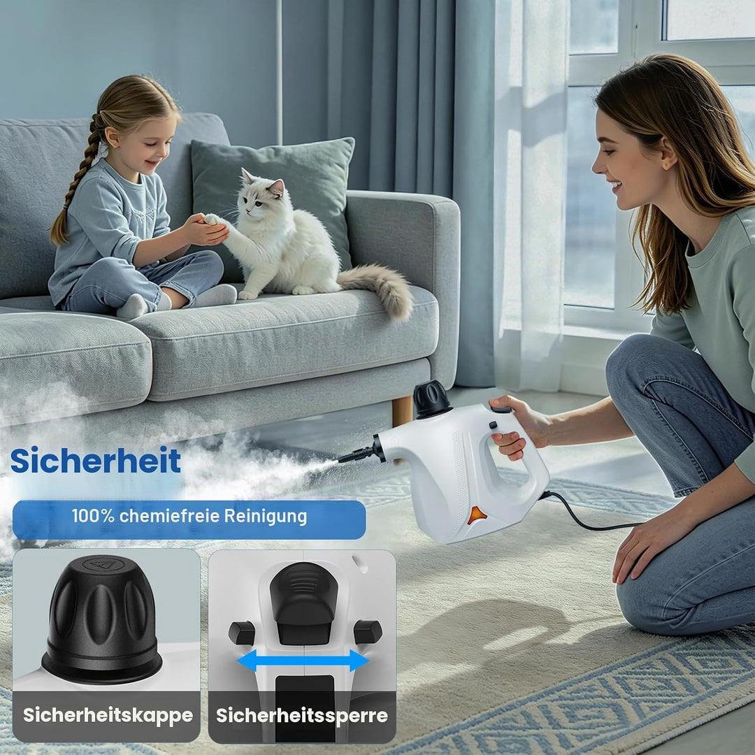 Handdampfreiniger mit Sicherheitsverriegelung und 14 Aufsätzen, geeignet für Badezimmer, Küchen, Möb
