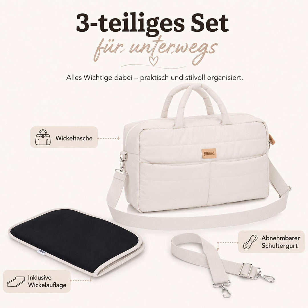 Fillikid Wickeltasche Windeltasche mit Wickelauflage Exklusiv Beige, Beige