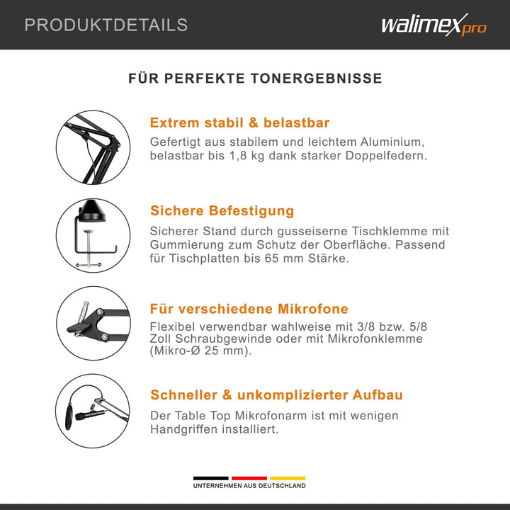 Walimex pro Mikrofon Arm mit 3/8" bis 5/8" Adapter, einstellbare Mikrofon Halterung mit Pop Schutz,