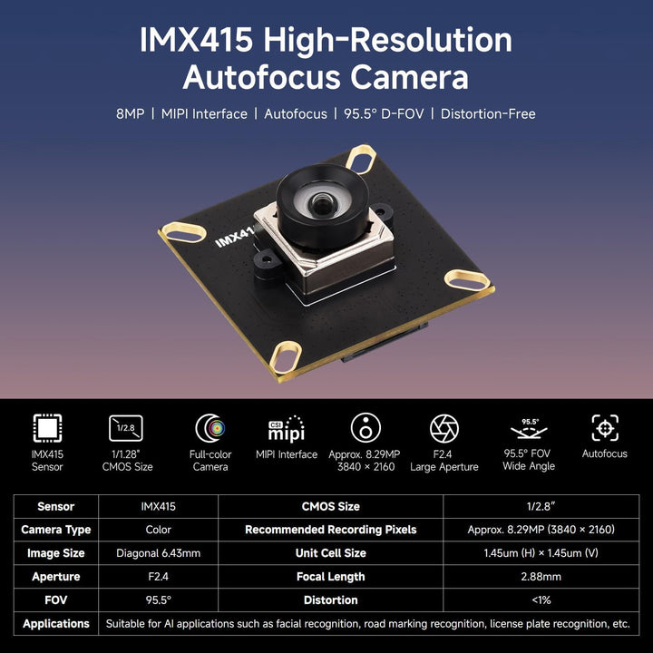 Waveshare IMX415 8MP MIPI Camera Module, Autofocus, 95.5° D-FOV, Distortion-Free, Supports Raspberry