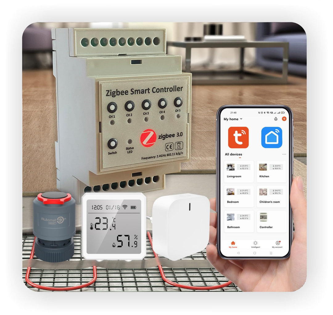Automat-on Set für Fussbodenheizung mit 3X Zigbee Temperatur und Luftfeuchtigkeitsmesser 3X Stellant