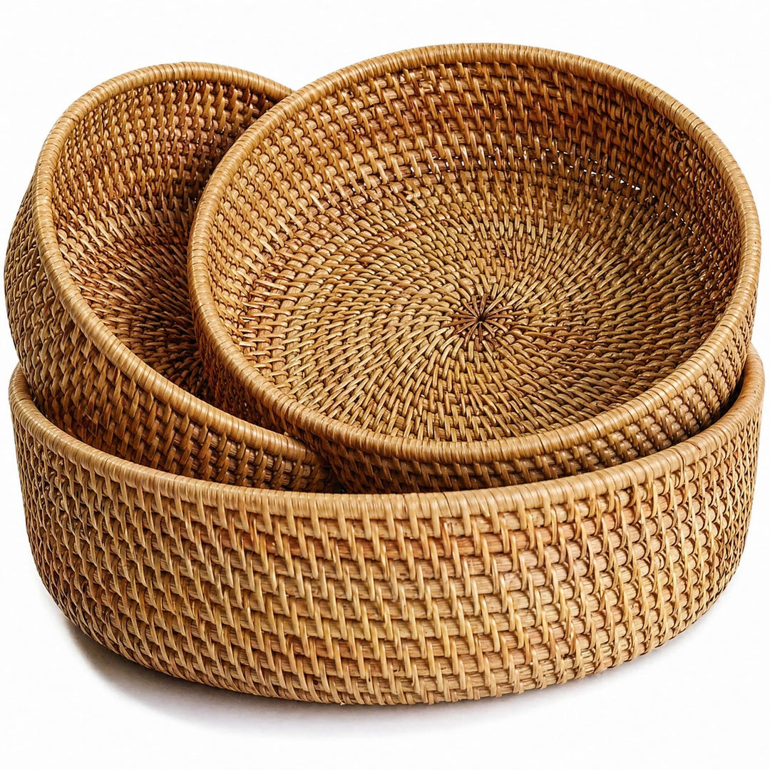 Runde Rattan Obstkörbe, Natürlicher Korbfruchtschalen, Geflochtene Aufbewahrungskörbe für Esszimmer