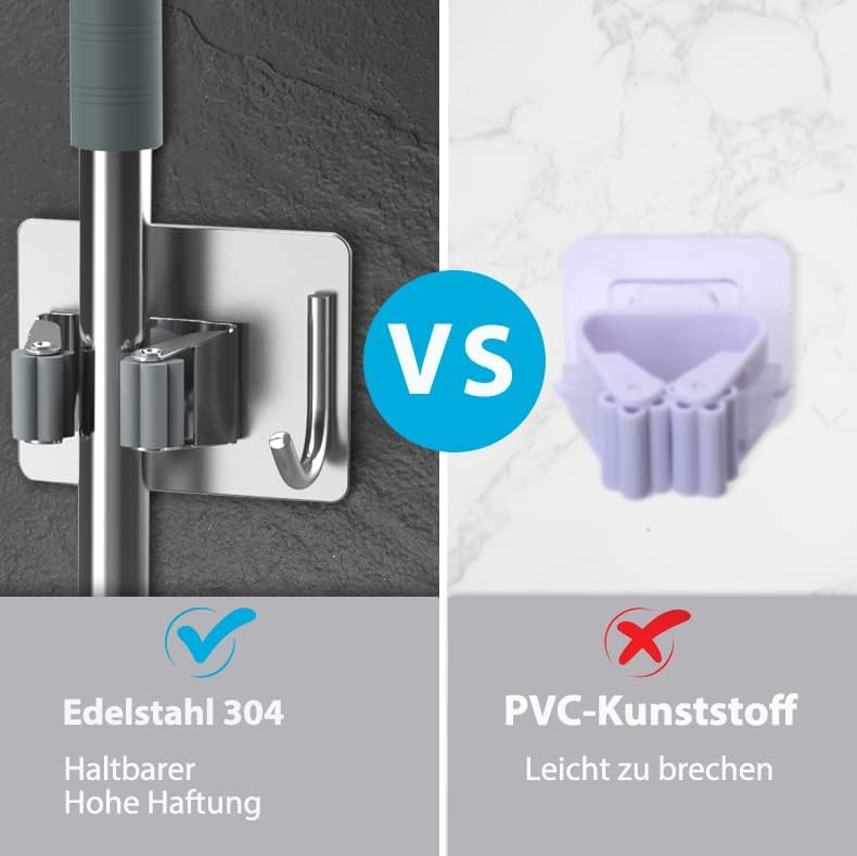 HOMEASY Besenhalterung Wand Selbstklebend 4 Stück Besenhalter Einzeln Gerätehalter mit Haken Ohne Bo