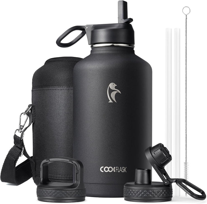 Isolierte Wasserflasche 2L, Coolflask Wasserflasche mit Strohhalm &amp; 3 Deckeln, Isolierte trinkflasch