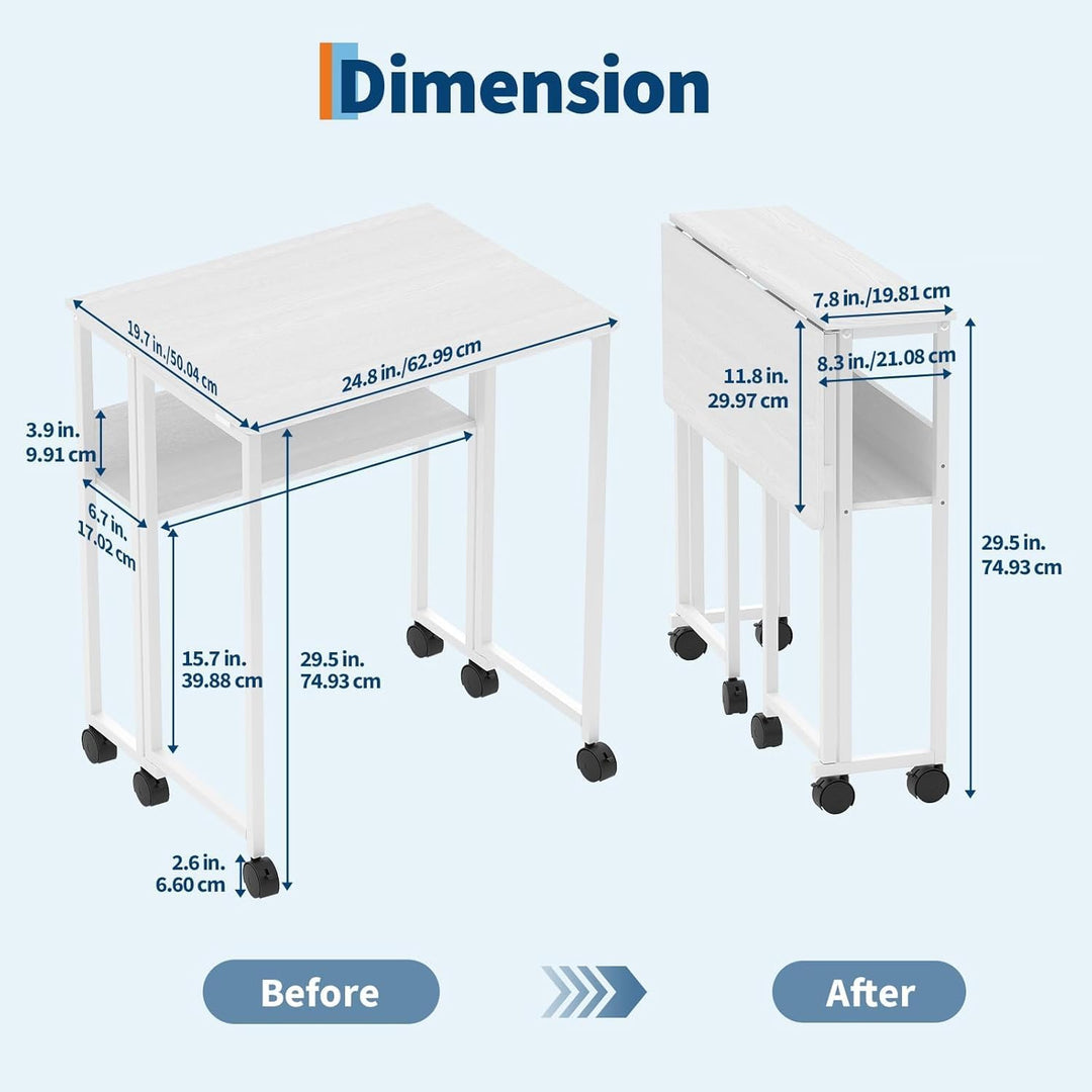 Kleiner Rolltisch Mit Ablagefach, 63x50x75Cm Kleiner Schreibtisch Klappbar, Faltbarer Computertisch