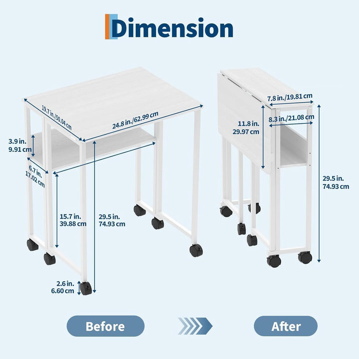 Kleiner Rolltisch Mit Ablagefach, 63x50x75Cm Kleiner Schreibtisch Klappbar, Faltbarer Computertisch