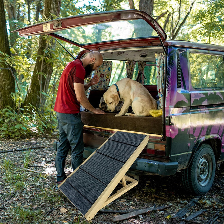 Hunderampe aus Holz, Klappbar Hundetreppe Höhenverstellbar, Hundetreppe für Bett Sofa 60cm Hoch, rut