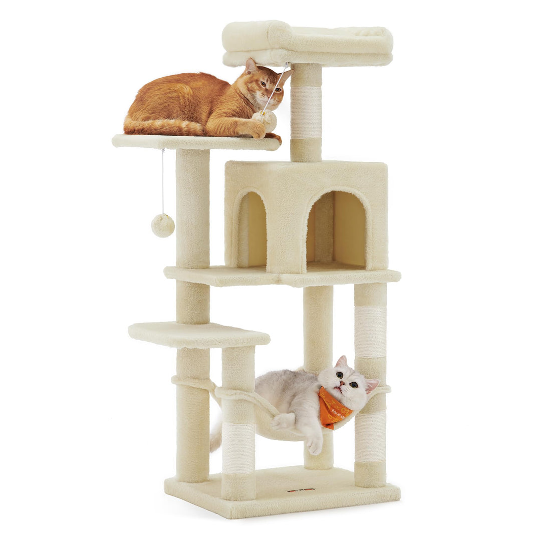 Feandrea Kratzbaum, 112 cm hoch, Katzenbaum, mehrstöckiges Katzenhaus, mit 4 Kratzsäulen, 2 Plattfor