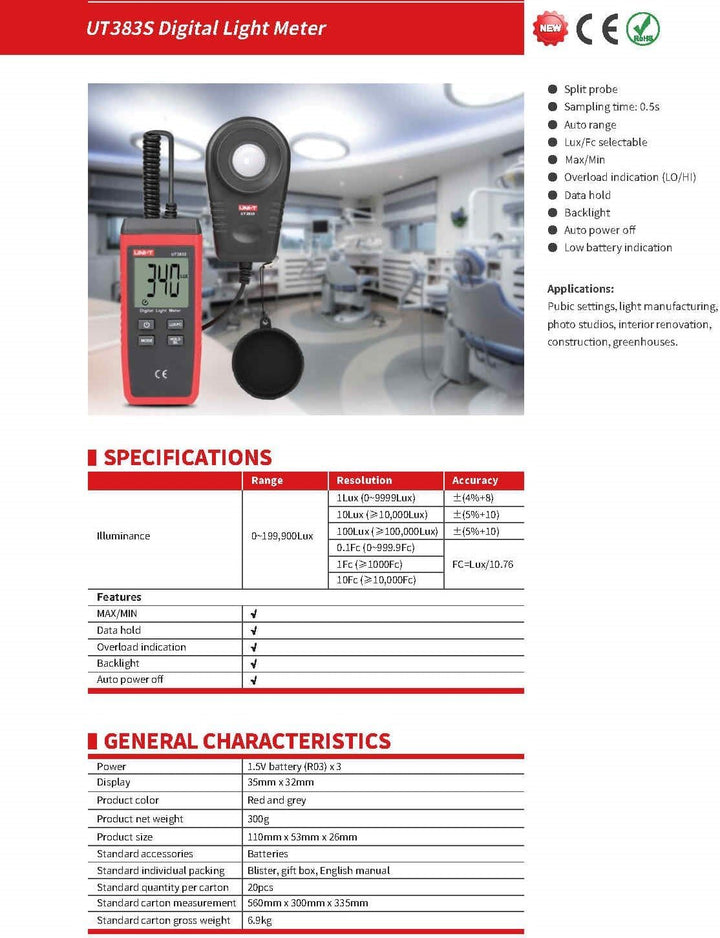 UNI-T UT383S Digital Light Meter Lux/FC Meter Luminometer Photometer 200,000 Lux Luminometer Photome