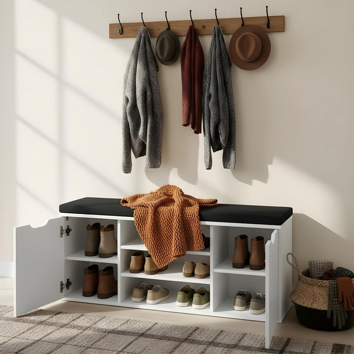 Schuhschrank mit Sitzbank, 103 x 30 x 46 cm, MDF und Polyester Polsterung, Flurbank mit Stauraum, Sc