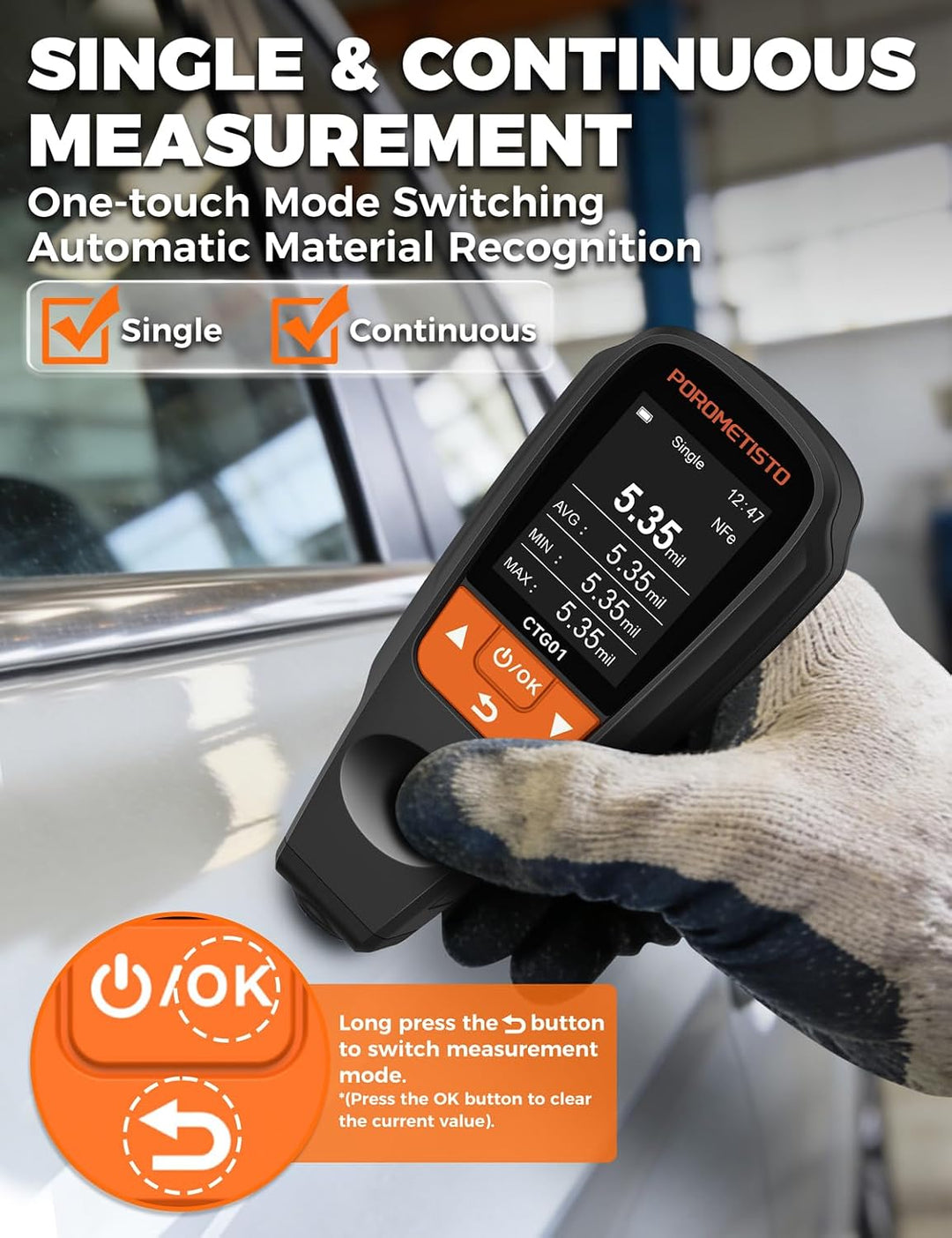 Lackdickenmessgerät Auto 0–2000μm – Fe/NFe Auto-Erkennung für Stahl &amp; Alu