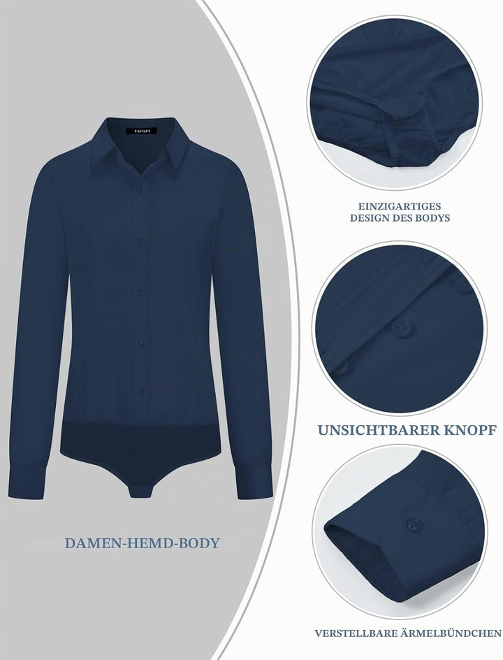 Tapata Damen-Bodysuit-Bluse mit Knöpfen, einteilig, langärmlig, solides Büroarbeitshemd, lässige Obe
