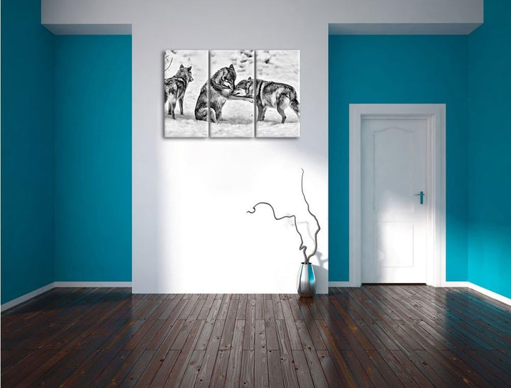 Pixxprint Monocrome, spielendes Wolfsrudel 3-Teiler Leinwandbild 120x80 Bild auf Leinwand