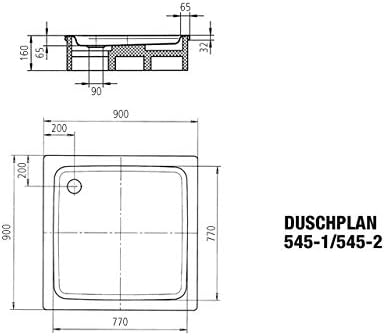 Kaldewei Duschwanne Duschplan inkl. Wannenträger Modell 545-2 90 x 90 x 6,5 cm, Ablaufloch Ø 9,0 cm,