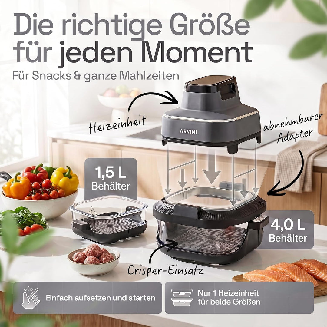 Airfryer Glas mit Glasbehälter, Temperatur einstellbar 60–200°C Graphitgrau 4l + 1,5l, Graphitgrau 4