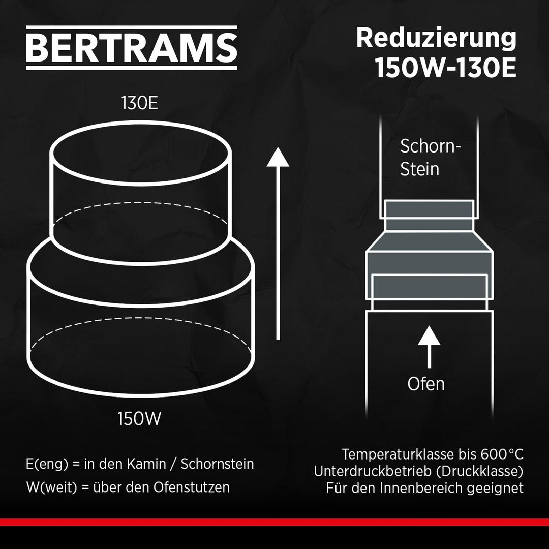 BERTRAMS Reduktion 150W-130E Schwarz | Ofenrohr Reduzierung 150 auf 130