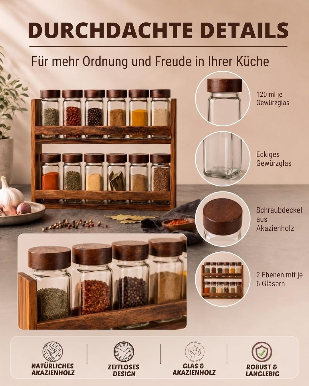 BRICARD Gewürzgläser Set 13-tlg., 12 x 120 ml, Holzdeckel, Akazienholzregal