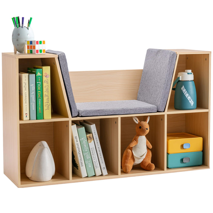 HOMCOM Bücherregal Kinder Kinderregal mit Sitzhocker 6 Fächern 3 Kissen Spielzeugregal Kinderbücherr