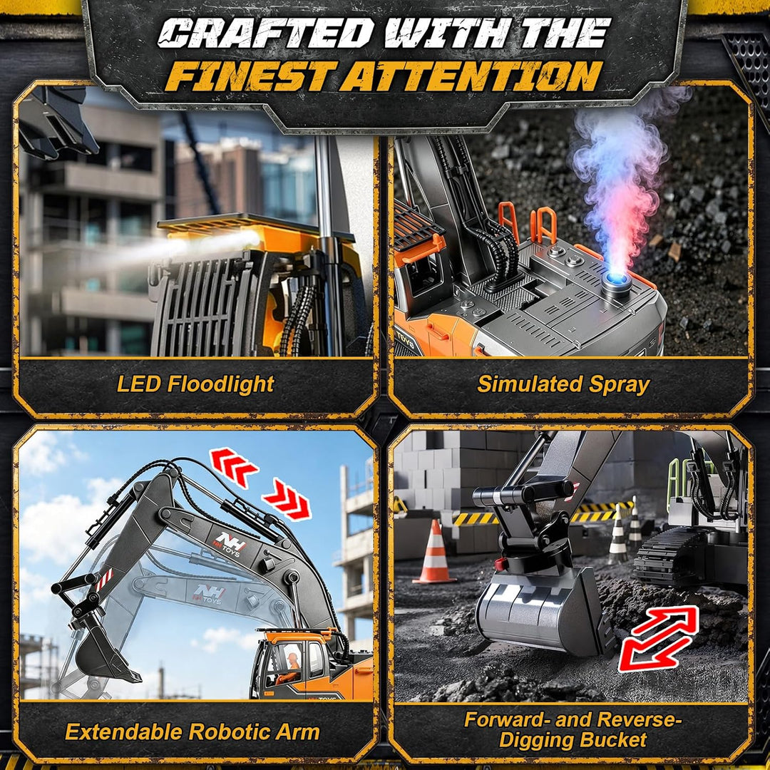 Charmofun 3-in-1 Ferngesteuerter Bagger mit DREI Metall-Aufsätzen Gelb, Gelb