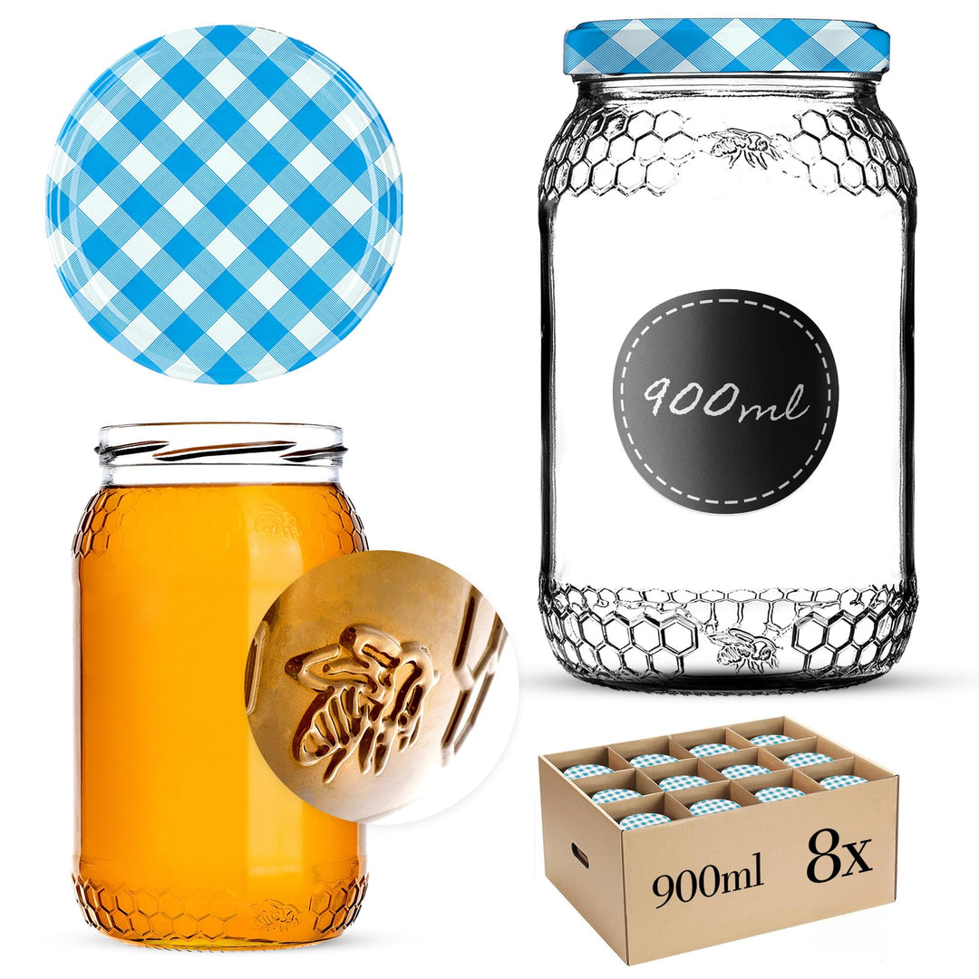 KADAX 8er Set Einmachgläser 900ml TO82 Blau kariert, Grosse Sturzgläser mit Schraubdeckel, Einkochgl