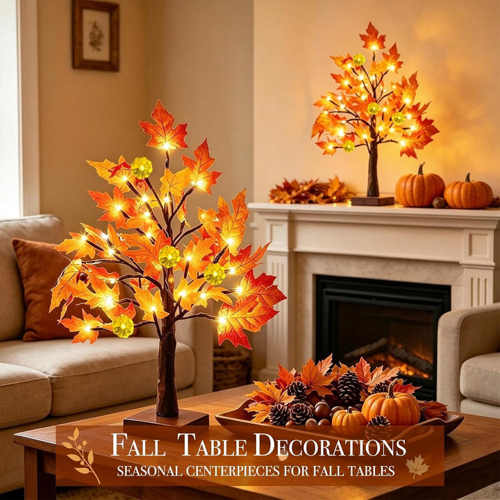 TURNMEON [ 2 Pack &amp; Timer 24 Inch Lighted Maple Tree Fall Decor, Total 48 LED Battery Operated Table