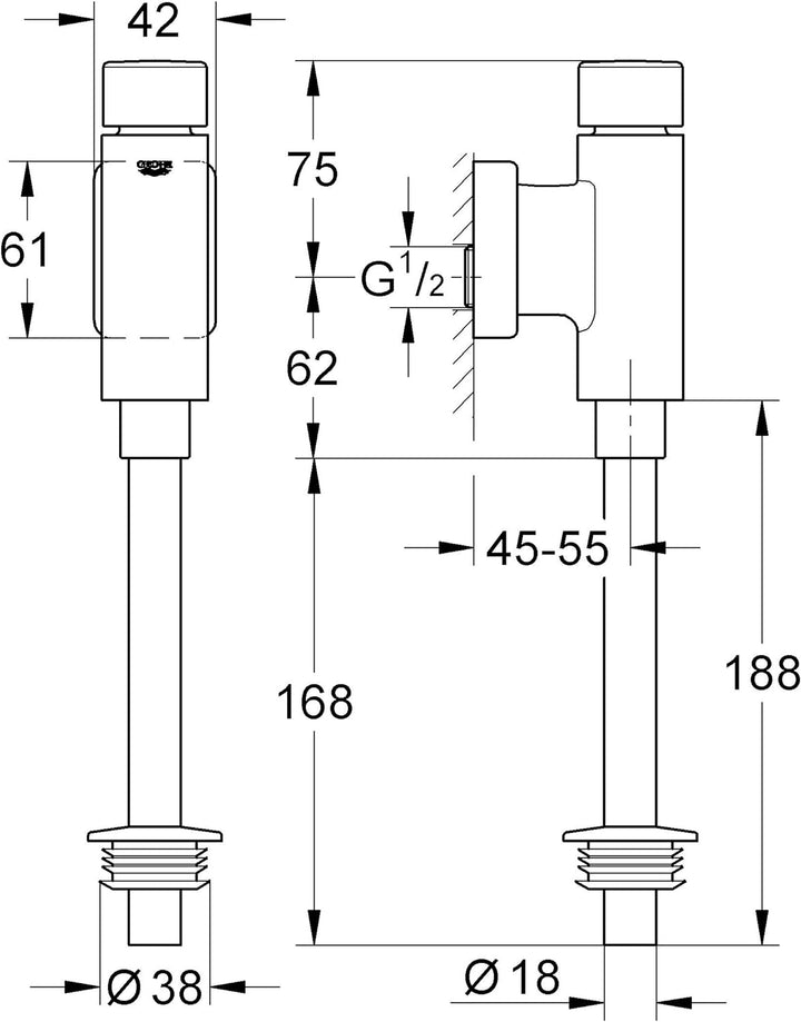 GROHE Rondo Druckspüler für Urinal , integrierte Vorabsperrung , Behördenausführung 37342000