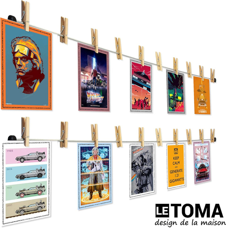 LeTOMA – Hochwertiges Fotoseil aus Stahl 2x200 cm lang und 2x16 rustikale Holzklammern 45mm - Fotole