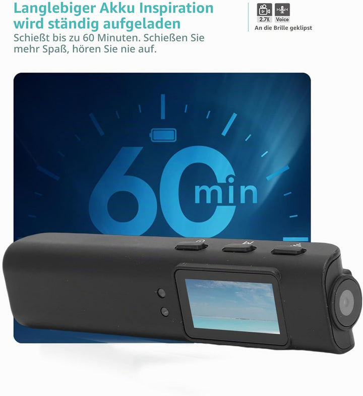 Clip-on-Kamera für Brillen, 2,7K 30fps HD 110° Weitwinkelbrille, FPV-Sportkamera mit 0,96-Zoll-Displ