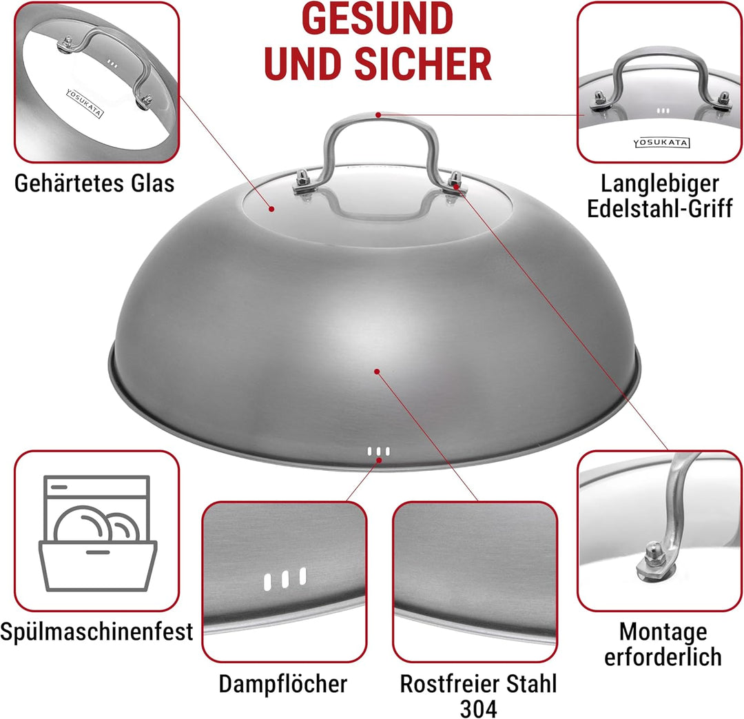 YOSUKATA Wokdeckel 13,6 Zoll Premium Edelstahl Wokabdeckung mit gehärtetem Glaseinsatz Dampflöcher u