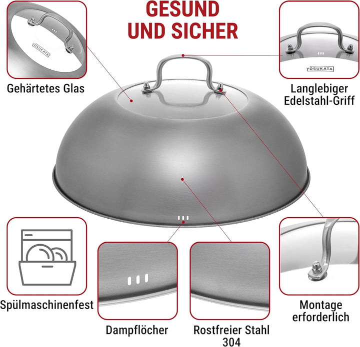 YOSUKATA Wokdeckel 13,6 Zoll Premium Edelstahl Wokabdeckung mit gehärtetem Glaseinsatz Dampflöcher u