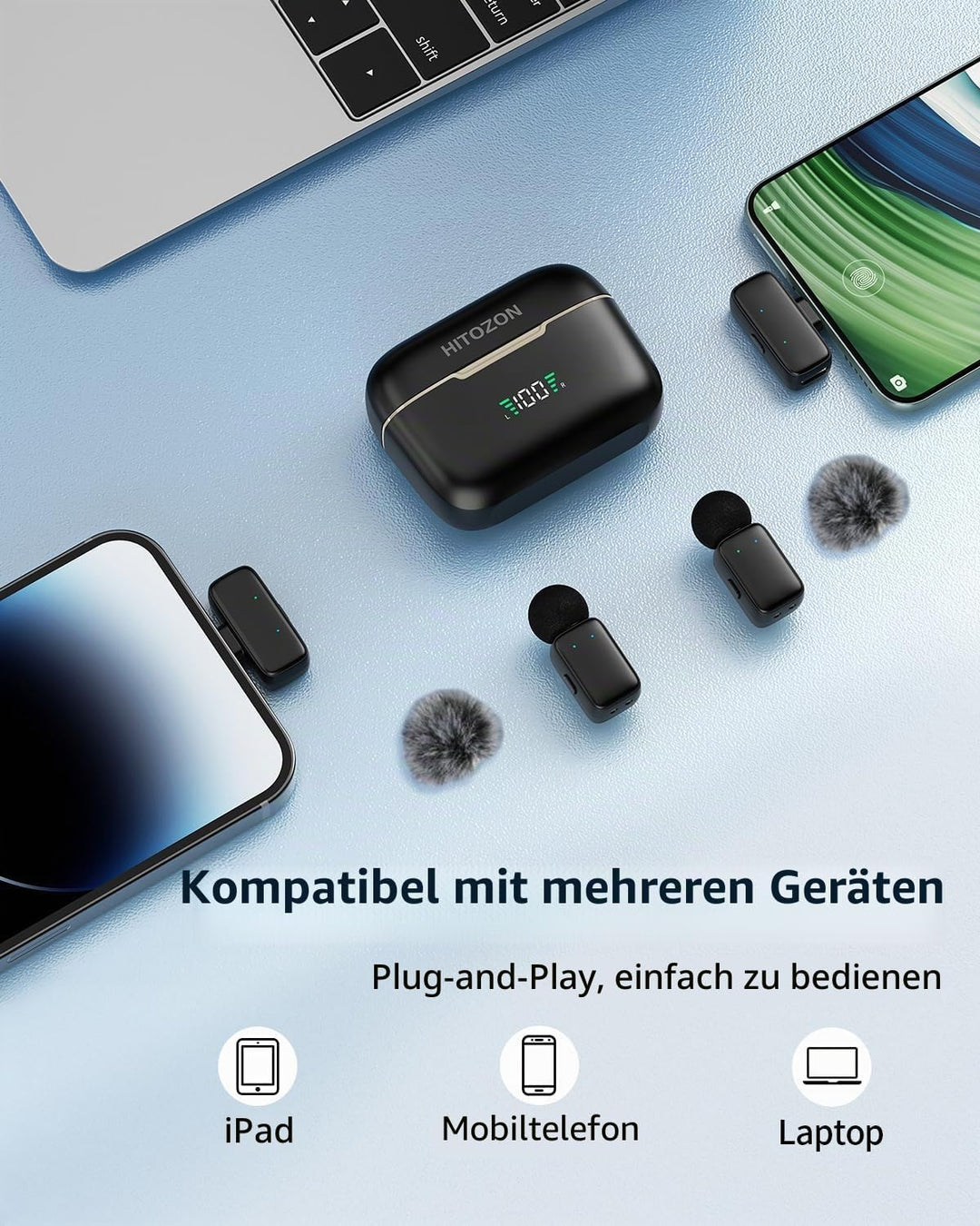 Mini Wireless Lavalier Mikrofon für iphone/Android Handy Phone, Kabelloses Ansteckmikrofon mit Noise