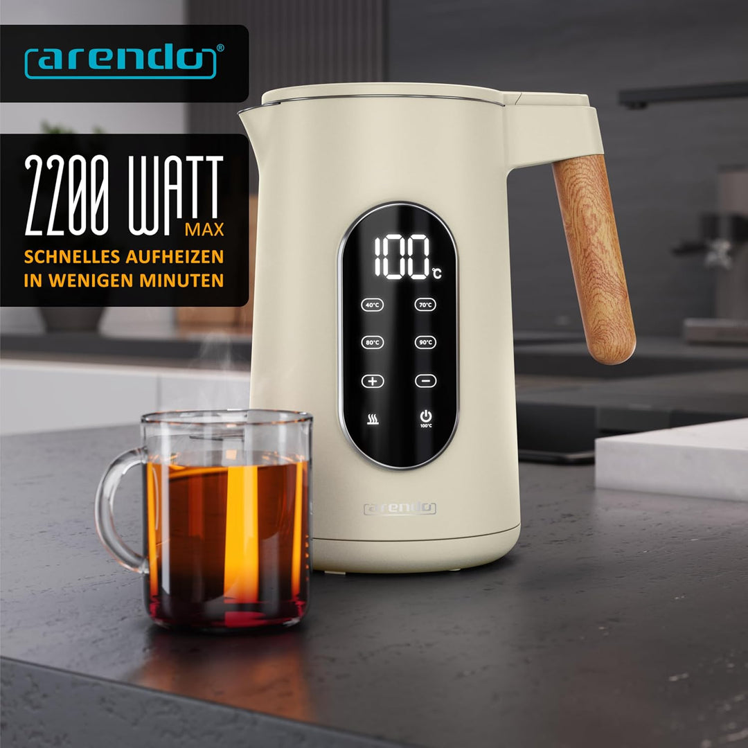 Arendo - Edelstahl Wasserkocher mit Temperatureinstellung 40-100°C - Doppelwand Design Cool Touch -