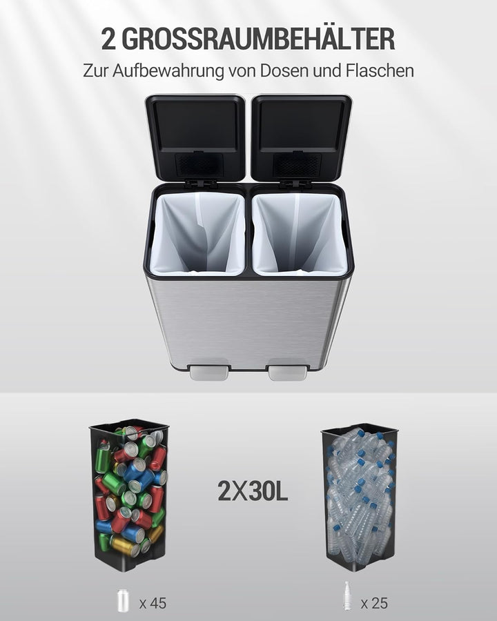 Hzuaneri Mülleimer Küche, Mülltrennsystem 2 Fächer 60 L (2 x 30 L), Edelstahl-küchenmülleimer, Tretm